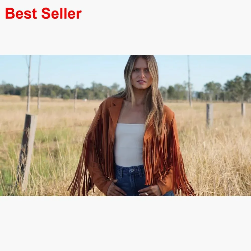 Faux Suede Fringe Cropped Jacket with Tassel Design - Picture 7 of 7